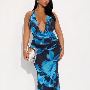 Fashion Nova Blue & Black Halter Cowl-Neck Maxi Dress